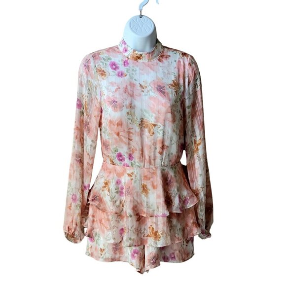 Endless Rose Watercolor Floral Long-Sleeve Chiffon Open Back Romper -XS - Picture 5 of 11